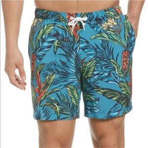 Original Penguin Swim Mens Tropical Floral Print Eco Swim Short Peacock Blue XL
